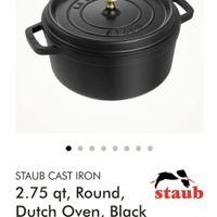 可能是顯示的文字是「 ZWILLING IT'SA A CULINARY WORLD END OF YEAR SALE OFFER ENDING SOON STAUB CAST IRON 2.75 qt, Round, staub Dutch Oven, Black Matte $289.99 -66 % $99.99 FREE STAUB Tools Set with purchase. 2.75 qt, Round, D... 4.7 (2959 -66% $289.99 $99.99 」的圖像