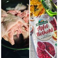 可能是顯示的文字是「 S Rotkohl deutsche aus Anbau SPREWALDHOE SPREEWALDHOF Rotkohl FERTIG APFELSTUCKCHEN Apfel- NALDHOF & MIT FRISCHEN ola aAblR NUTP 」的圖像