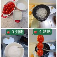 可能是豆腐和顯示的文字是「 1. 1.備料 2. 2.熬糖 SAUUE 3. 3.測糖 4. .轉糖」的圖像