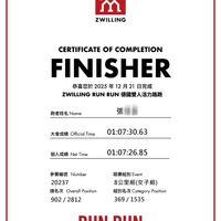 可能是顯示的文字是「 ਜੈੰ ZWILLING CERTIFICATE OF COMPLETION FINISHER 恭喜您於 2025 年 恭喜您於2025年12月21日完成 12月21 日完成 ZWILLING RUN RUN 德國雙人活力路跑 跑者姓名 跑者姓名Name Name 張體養 大會 大會成績 Official Time 01:07:30.63 01:07:30.6 個人成績 個人成績NetTime Net Time 01:07:26.85 參賽編號 Number 20237 總名次 Overall Position 902/2812 902/ 2812 組別 Event 8公里組（女子組) （女子組） 組別名次 Category Position 369 369/1535 1535 RUN RUN BE ACTIVE, STAY HEALTHY 主辦單位 台灣雙人股份有限公司 ORGANIZER ZWILLING J.A.HENCKELS TAIWAN LIMITED 」的圖像