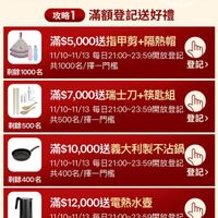 可能是顯示的文字是「最强好禮攻略 攻略1 滿額登記送好禮 剩餘1000名 剩餘 滿$5,000送指甲剪+隔熱帽 +隔熱帽 11/10~11/13 1/10~11/13每日21:00~23 每日21:00~23：59開放登記 共1000名/擇一門檻 共1000名/ 登記> 剩餘500名 滿$7,000送瑞士刀+筷匙組 筷匙組 滿$7, 11/10~11/13 每日21： 每日21:00~23:59開放登記 共500名/擇一門檻 共500名/ /擇一門檻 登記＞ 剩餘400名 滿$10,，000送義大利製不沾鍋 11/10~11/13 每日21：00~23：59開放登記 共400名/擇一門檻 共400名 登記> บ 剩餘300名 滿$12,000送電熱水壺 送電熱水壺 11/10~11/13 1~11/13每日21：00~23：59開放登訊 共300名/擇一門檻 擇一門檻 共300名/ 登記> 」的圖像