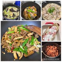 可能是義大利麵、豆腐、快炒和顯示的文字是「 H W 」的圖像
