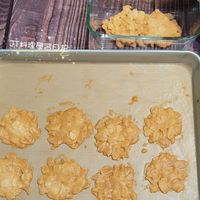 可能是燕麥餅乾、椰子馬卡龍、餅乾和文字的圖像