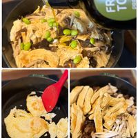 可能是香菇、義大利麵、豆腐和文字的圖像