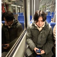 可能是一或多人、牛角扣大衣、火車、電話和顯示的文字是「 Berlin Berlin A.R 柏林」的圖像