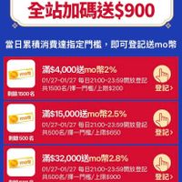 可能是顯示的文字是「年貨節 國貨期+ 1/23-1/27限定 全站加碼送$900 當日纍積消費達指定門檻， 即可登記送mo幣 mmo霜 mow 剩餘 餘1500名 1500名 滿$4,000送mo幣2% 滿$4, 01/27~01/2 每日21：00~23：59開放登記 01/27~01/27每日21：023：59開放登記 開放登記 共1500名/澤一門檻/上限$200 共1500名 mo 登記＞ 剩餘 剩餘500名 500 滿$15,000送mo幣2.5% 01/27-0/27每日2100~2359開放登記 01/27~01/27 每日21:00~23：59開放登記 共500名/擇一門檻/上限$650 共500名 Im m0霜 登記> 剩餘500名 剩餘 滿$32,000送mo幣2.8% 01/27~01/27 /27每日21：00~23：59開放登記 開放登記 共500名/擇一門檻/上限$900 共500名/ 上限$900 登記> E 活動說明Q查詢登記 活動說明 查詢登記 ※訂單完成3分鐘後 元成3分鐘後，計算參與資格 計算參與資格。」的圖像