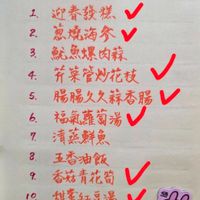 可能是顯示的文字是「我 2. 2. 3. 4. 5. Staub 新春園圓菜年兼 迎着發糕 慈燒海參 就魚爆肉報 并菜管炒花枝 腸腸久久蒜香腸 6. 福氣蘿蔔湯 7. 清藻鮮魚 8. し ر 五香油飯 9. 香滋青花筍 10 甜蜜紅豆湯」的圖像