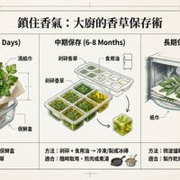 可能是平面圖和顯示的文字是「鎖任香氣：大廚的香草保存術 鎖住香氣： 大廚的香草保存術 短期保存 短期保存（1-2Days) (1-2 Days) 中期保存 中期保存（6-8Months) (6-8 Months) 長期保存 長期保存（1Year) (1 Year) 温紙巾 制碎香草 梨碎香草 毀 食用油 保鮮盒 保鮮盒 微波爐 （強火50-70秒） 纸巾 方法 濕纸巾包裹+ 方法：濕紙巾包裹+保盒 保鮮盒 適合： ：即將使用的香草 密封保存 方法 ：利醉+食用油→冷凍/製成冰陣 製碎+食用油→ 冷凍/製成冰磚 適合 適合：随時取用，煎肉或煮湯 隨時取用 煎肉或煮湯 ١ ラ政 方法：微波雄乾燥法（強火50-70秒） 方法 微波爐乾爆法 （強火50-70秒） 適合： 製作乾燥香料 適合：製作乾燥香料，密封保存 密封保存 ล NotebookLM 」的圖像