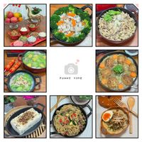 可能是麵、拉麵、豆腐、炒麵和顯示的文字是「 FUNNYTIME FUNNY TIME 77ง 」的圖像