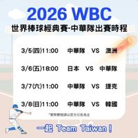 可能是顯示的文字是「 2026WBC 2026 WBC 世界棒球經典賽·中華隊出賽時程 世界棒球經典賽 -中華隊出賽時程 3/5（四）11:00 3/5（四） 3/5 1:00 中華隊 ）11:：00　中華隊　vＳ澳洲 VS澳洲 vs 澳洲 3/6（五） 3/6（伍）18:00日本VS中華隊 3/6 3/6（五）18：００ （五） 8:00 日本 VS 中華隊 3/7（六)1 3/7（六)11:00 11:00中華隊VS捷克 1:00 中華隊 Vs 捷克 3/8（日)11:00 3/8（日）11：00　中華隊　VS 1：00 中華隊 vs 韓國 *實際赛程請以官方公告為主 一起a! wan 一起 Team Taiwan! 」的圖像