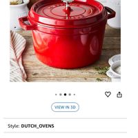 可能是顯示的文字是「 tàh STAUB Visit the Store Staub Cast Iron Dutch Oven 5-qt Tall Cocotte, Made in France, Serves 5-6, Cherry 50+ bought 4.8 （ (286) past month 409 VIEW IN 3D Style: DUTCH_OVENS Ways to buy: Buy New Buy New $1 8900 Overnight 4a.m. 8a.m. Used Very Good $17010 Tue, Mar 31 $18900 Or $6300 /mo (3 To). Select from plans 」的圖像
