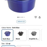 可能是慢燉鍋和顯示的文字是「 STAUB Visit the Store 4.6女（ 4.6 2,080) Staub Cast Iron 5.5-q SabCatonCco- qt Round Cocotte Dark Blue, Made in France Amazon' Choice VIEW 3D Colour Name: Dark Blue Dark Blue Black Size: 5.5-qt GraphiteG... G... 5.5-qt $25599 $350.97 2.75 quart $45455 Only lefti stock (more on.. FREE Delivery Tuesday /prime Only left in stock. See 18 options with no featured offers Lowest price in 30 days -27% 25599 」的圖像