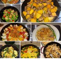 可能是炒飯、炒麵、西班牙大鍋飯、豆腐和文字的圖像