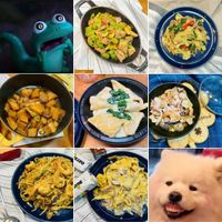 可能是義大利麵、豆腐和文字的圖像