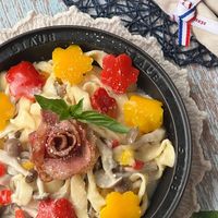 可能是豆腐、義大利麵和文字的圖像