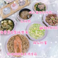 可能是顯示的文字是「 크성밀 UV カたる 0い 地瓜葉佐瓜仔肉 瓜仔肉 海帶芽豆腐味噌湯 鹹豬肉炒蒜苗 照瓜炒蛋 奶油燒鮭魚佐湯禧菇」的圖像