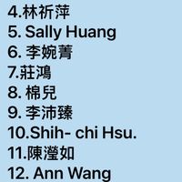 可能是顯示的文字是「 1. Midori Arndt 2. Shufen Huang 3.EricaWu 3. Erica Wu 4. 4.林祈萍 5. Sally 5.SallyHuang Huang 6. 李婉菁 7.莊鴻 8. .棉兒 9. 李沛臻 10.Shih-chiHsu. 10.Shih- chi Hsu. 11.陳澄如 12.AnnWang 12. Ann Wang 13. 13.JingChen Jing Chen 14. 謝佩玲 15. 15.MiauTsao Miau Tsao 」的圖像