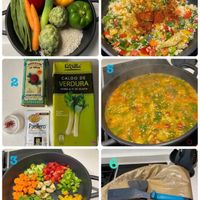 可能是炒飯、西班牙大鍋飯、豆腐、北非小米飯和顯示的文字是「 1 4 期基味用 LA DALIA lVilla 2 5 CAL DO DE ERDURA MOATITEG GUSTA 00s Paellero VALENGANA VALENO ALENGAN CAORNAIL 3 」的圖像