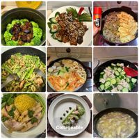 可能是豆腐、炒麵、麵、拉麵、炒飯和顯示的文字是「四 味 製作於 Collageable 」的圖像