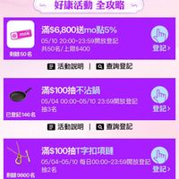可能是顯示的文字是「好康活動 好康活動全攻略 全攻略 mok 滿$6,800送mo點5% 點5% 05/10 10 20:00~23:59開放登記 共50名/上限$400 剩餘50名 Γηη 登記> 活動説明︱Q查詢登記 活動說明 查詢登記 已登記146名 146名 已登記 滿$100抽不沾鍋 05/04 05/0400:00~05/1023:59開放登記 00:00~05/10 23:59開放登記 抽3名 Jm 登記> 活動説明Q查詢登記 活動說明 查詢登記 滿$100抽T字扣項鏈 05/04-05/10每日00-23:59開放營詢 05/04 05/04~05/10 每日00:00~23:59開放登記 開放登記 抽2名 登記> 剩餘9860名 9860 剩餘 活動說明 查詢登記」的圖像