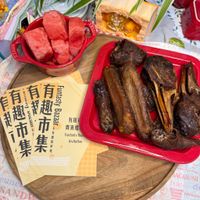 可能是豆腐、香菇、西瓜、肉排和文字的圖像