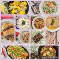 可能是炒飯、豆煮玉米、豆腐、炒麵、西班牙大鍋飯和文字的圖像