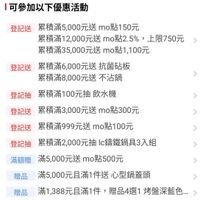 可能是顯示的文字是「可參加以下優惠活動 登記送 纍積滿5,000元送 mo點150元 送纍積滿5000元送mo點150元 mo點 纍積滿12,000元送 累積滿2000元送mo點2.5%,上限75 mo點2.5% 上限750元 纍積滿35,000元送 累積滿35,000元送mo點1,100元 mo點 0點1,100元 登記送 記送累積滿6,00元送抗菌板 纍積滿6,000元送 抗菌砧板 纍積滿8,000元送不 纍積滿8 不沾鍋 登記抽纍積滿100元抽飲水機 纍積滿100元抽 飲水機 登記抽 登記送 登記送纍積滿300元送mo點300元 纍積滿3 纍積滿3,000元送 000元送 mo點300元 登記送 纍積滿999元送 記送累積滿999元送mo點100元 mO點 mo點100元 登記抽 纍積滿2,000元抽 和抽 纍積滿2,000元抽l錯鐵鍋具3入組 lc籌鐵鍋具3入組 > 滿額贈 滿額贈滿5000元送mo點500元 滿5,000元送 送mo點500元 贈品 > 滿5,000元且滿1件送心型鍋蓋頭 滿5,000元旦滿1件送 心型鍋蓋頭 贈品 滿1,38元且滿1件,贈品4選1烤盤深藍色… 滿1 滿1,388元且滿1件, 贈品4選1 烤盤深藍色... 」的圖像